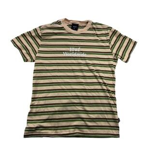 HUF Worldwide Striped T Shirt Beige Green Brown White Embroidered Logo Preppy S